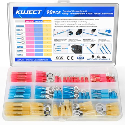 Image of Kuject 90PCS Heat Shrink Wire Connectors, Multipurpose Waterproof Electrical Wire Terminals kit, Insulated Crimp Connectors Ring Fork Spade Butt Splices for Automotive Marine Boat Truck