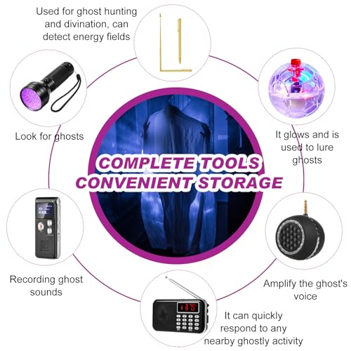 Image of Dunzy 11 Pcs Ghost Hunting Equipment Kit Include Ghost Radio, Electromagnetic Paranormal Radiation Detector, EVP Recorder, UV Flashlight 2 LED Light up Cat Balls Etc(3 in 1 Emf Meter)