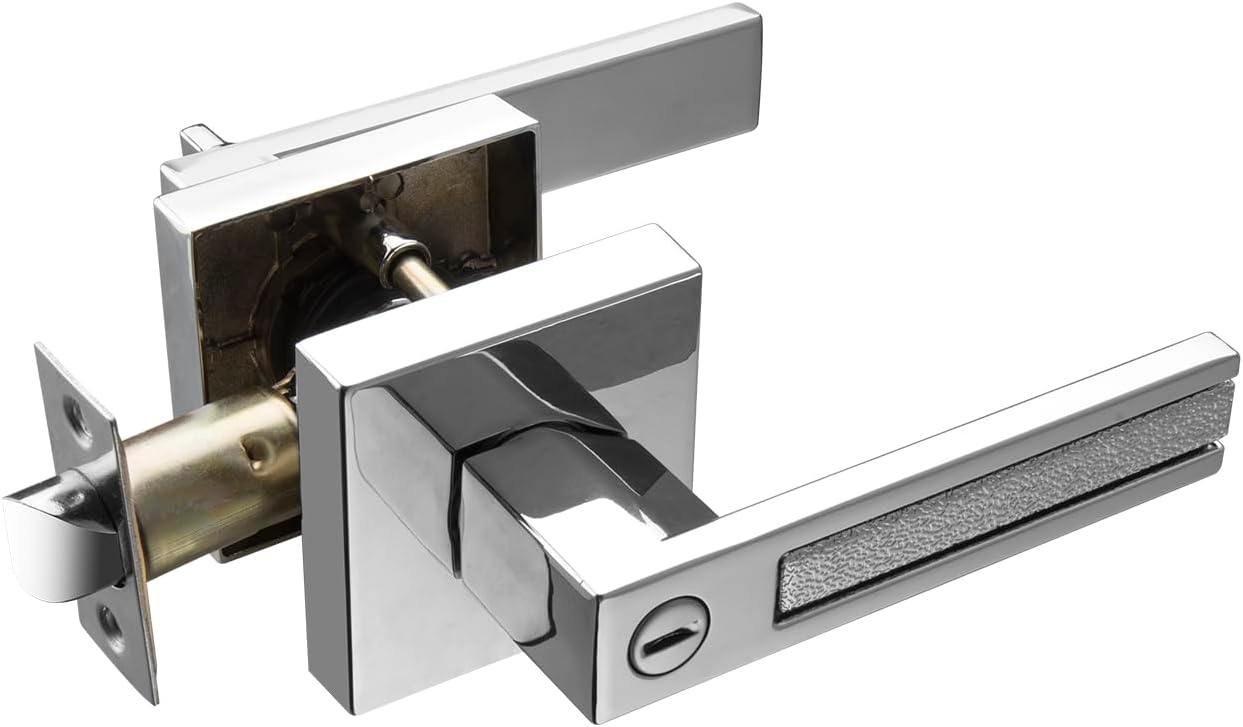 Bright Chrome Door Handles, Privacy Door Knobs Interior, Heavy Duty Door Levers Rectangle Slot for Bath & Bed