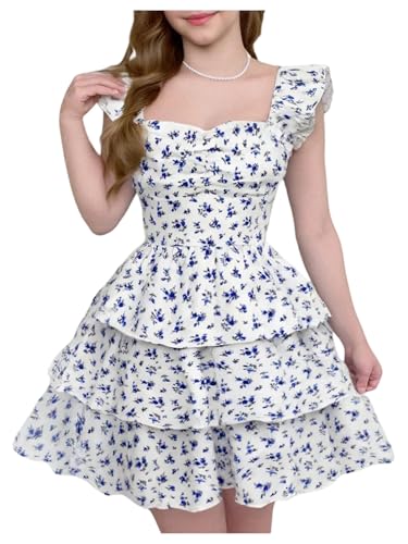 Verdusa Girl's Boho Floral Tiered Layered Dresses Ruffle Cap Sleeve Summer Vacation Flowy Dress