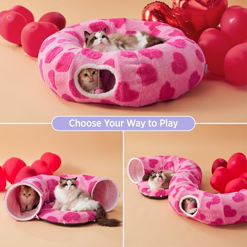 Image of Lesure Cat Tunnel Bed for Indoor Cats - Cute Cat Donut Tunnel Toys with Washable Circle Cushion, Valentine's Day Gifts for Cats, Round Pet Peekaboo Cave Toy for Kitten, Standard Lover Hearts