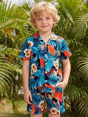 Image of DAXIANG Boys 2 Piece Hawaiian Outfit Summer Button Down Shirt and Pocket Short Sets Beach Vacation Clothes for Kid Size 3-10