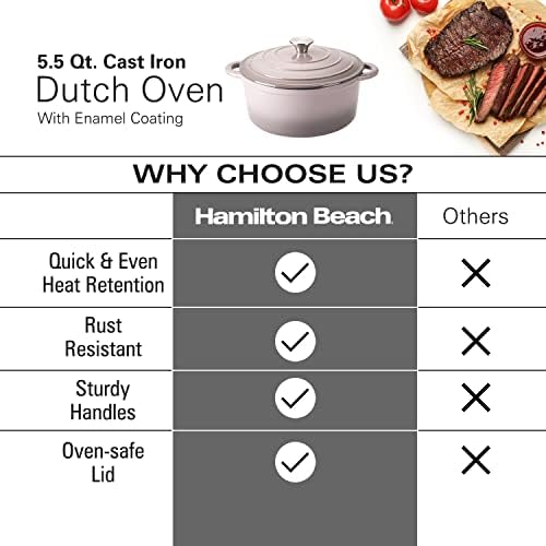 Hamilton Beach 5.5-Quart Enameled Cast Iron Dutch Oven with Lid | Heavy-Duty Pot for Braising, Roasting & Baking - Thumbnail 5