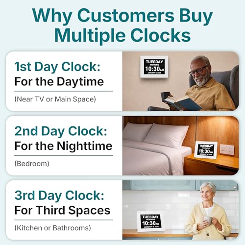 Image of American Lifetime New 2026 Dementia Clock Large Digital Clock for Seniors, Large Display with Custom Alarms, Calendar Clock with Day & Date for Elderly, Clear Numbers Alzheimer Digital Clock White