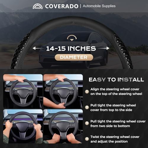 Image of Coverado Car Steering Wheel Cover, Nappa Leather Black Steering Wheel Covers, Universal 14-15 inch, Anti-Slip, Breathable Steering Wheel Protector for Women Men