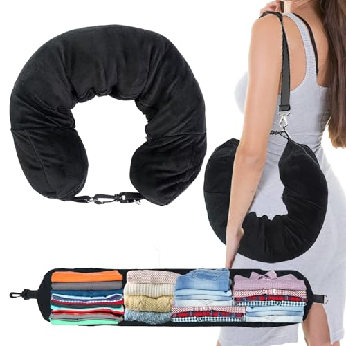 S-SNAIL-OO 1/2PCS Travel Pillow Stuffable with Clothes As Carry-On Luggage Fits Up to 3 Days of Travel Essentials, Multifunctional U-Shaped Pillowcase for Business, Trip, Outdoor (1PCS-Black)