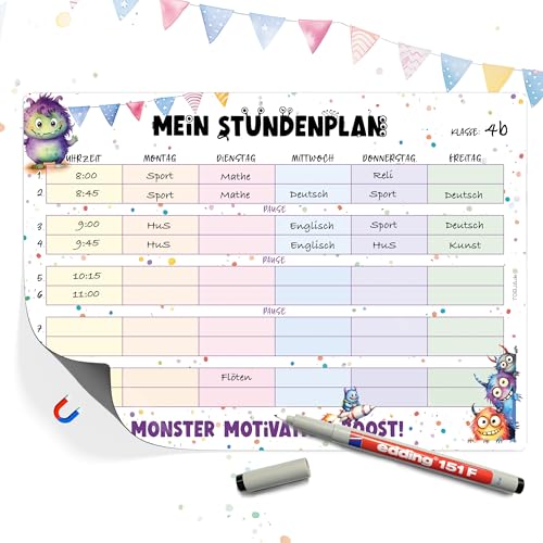 TOBJA Stundenplan magnetisch Grundschule - Süße Monster Design | Stundenplan abwischbar Jungen & Mädchen | Stundenplan 1. Klasse (magnetisch inkl. Stift)