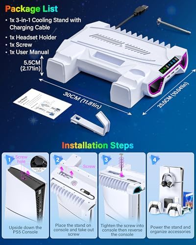 PS5 Cooling Station with Controller Charging Station for PlayStation 5/Slim/Pro Console, PS5 Cooling Stand with Controller Charger - LED Sunglass Design, Turbo Fan, Headset Holder, 3 USB Hub, White - 5