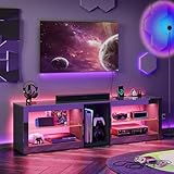 Bestier High Gloss TV Stand for 70 inch TV with Power Outlets, LED Entertainment Center for PS5, Gaming TV Consoles with Glass Shelves for Living Room, 63'' Inch, Glossy Black