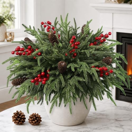 JOICEE 24Pcs Real Touch Norfolk Pine Branches with Pinecones Red ...