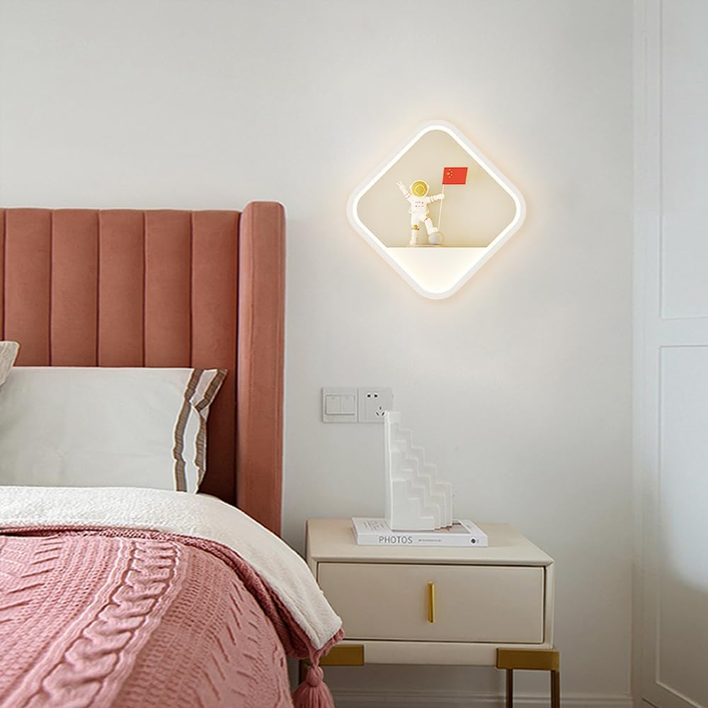 MOYEE Led Moon Indoor with Astronaut Decoration Child's Bedside Lamp, 3 Color Mode Creative Wall Lighting Fixtures for Bedroom Living Room Hallway/Square/A