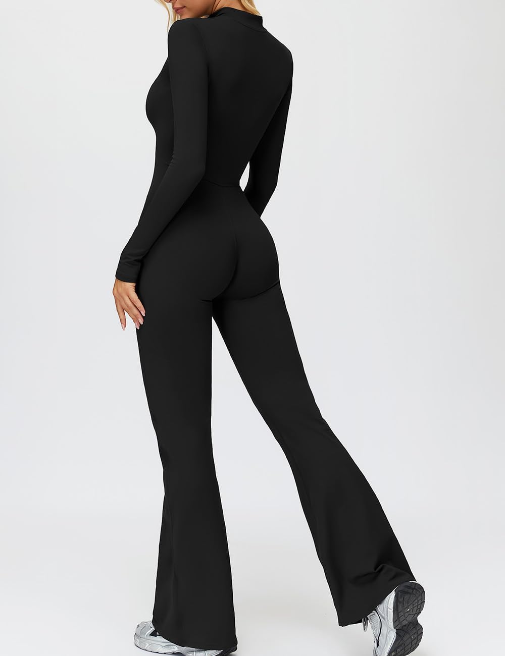 AEEZO Womens Fleece Lined Workout Flared Jumpsuits Zip Up Thermal Yoga Rompers Sexy Wide Leg One Piece Bodysuit - Image 3