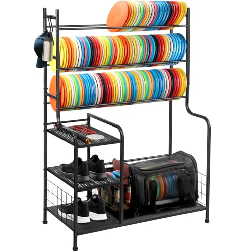 HIAARO Disc Golf Storage Rack Large Capacity Metal Organizer with Hooks for Sports Equipment Holds 140+ Discs