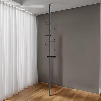 Adjustable DIY Floor-to-Ceiling Tension Rod Clothes Rack Easy Setup, 360 Rotatable Hooks, Durable for Indoor & Balcony Use Black