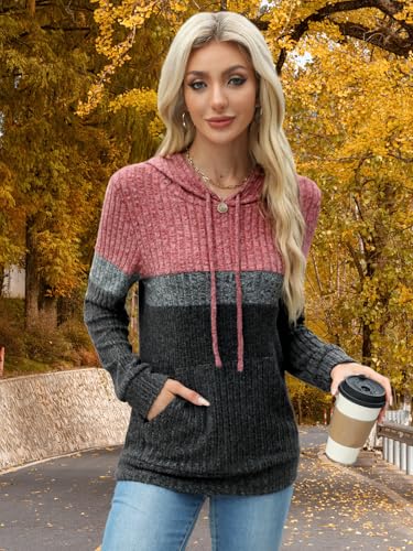 MixShe Women’s Color Block Knit Hoodie – Casual Long Sleeve Pullover Sweater Tops with Pocket