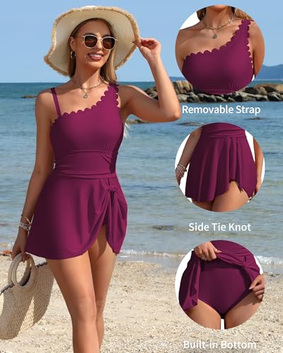 Image of Charmo One Shoulder One Piece Swimsuit Women Tummy Control Bathing Suit with Skirt Tie Knot Cute Scalloped Swimdress