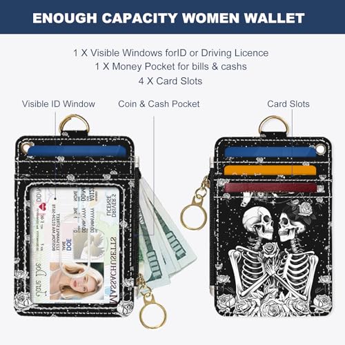 Image of Slim Wallet Credit Card Holder, Skeletons and Flowers, RFID Wallet Women Cute Small Front Pocket Wallet With Zipper, PU Leather Thin travel RFID Blocking Card Case ID Window,Ladies Gifts