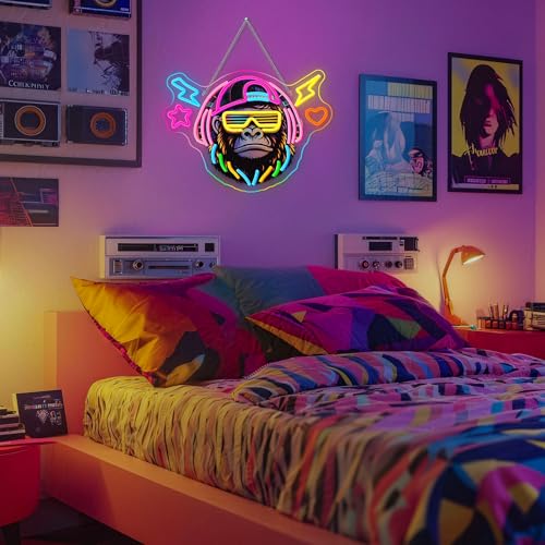 Image of Music Gorilla LED Neon Sign Headphone Monkey Light for Game Wall Decoration | 16.59IN*11.8IN,Five level brightness adjustment,USB power,For Bar,Club,Pub,Men Cave,Living room,Bedroom,Restaurant,Party