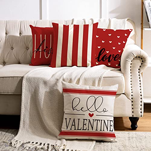 Anydesign Valentine's Day Pillow Covers Red White Sweet Love Throw Pillow Case 18 X 18 Inch Hearts Stripes Love Cushion Cover For Home Couch Sofa Wedding Anniversary Decoration, Set Of 4 #TOP6