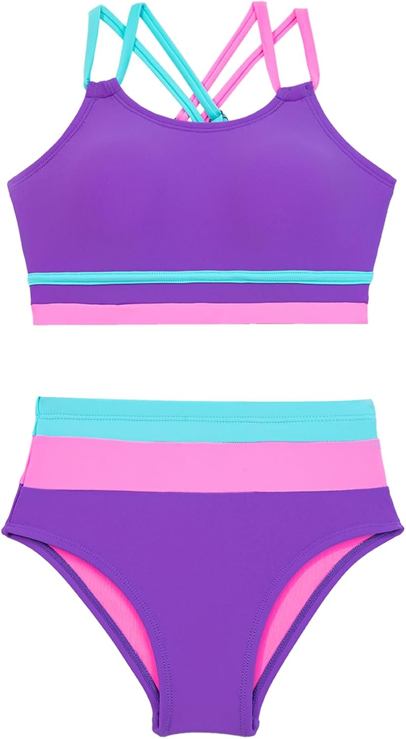 blibean Tween Girls Swimsuits 2 Piece Color Block Bikini Sets with Chest Pad Size 6-15 Years - Image 3