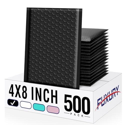 Image of Fuxury Bubble Mailers 4x8 inch Padded Envelopes 500 Pack Bulk Usable Size 4x7 inch | Self Seal Bubble Mailing Envelopes Padded Mailers Shipping Bags for Mailing Jewelry Makeup Small Business Black