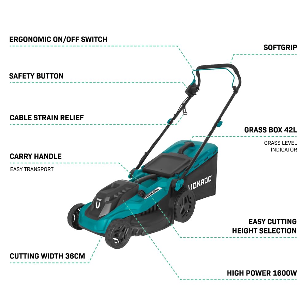 VONROC Kosiarka elektryczna1600 W – 38 cm, 5 regulowanych wysokości, kosz 42 l, mocny i cichy silnik, idealny do gęstej i ciężkiej trawy, ergonomiczny kształt i łatwe przechowywanie