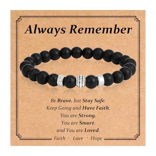HIMSTORY Beaded Bracelets for Men Dad First Communion Gifts for 8 Year Old Boys 8MM Natural Stone Stretch Adjustable Black Crystal Beaded Bracelets Set for Husband
