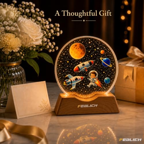 Image of 3D Acrylic LED Night Light - Warm White & Astronaut Boy FIre Design with Durable Plastic Base, Decorative Table Lamp for Bedroom, Living Room, Kids Room, Study & Home Decor Gifting