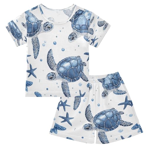 Pajama Sets Short Sleeve Blue Sea Turtle Pattern Soft Cotton Summer Sleepwear 2 Piece PJS Size 5-14T