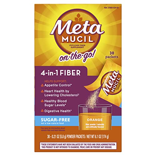 Metamucil On-the-Go, suplemento de fibra de cáscara de psyllium, fibra 4 en 1 para salud digestiva, sin azúcar, sabor a naranja, 30 paquetes (paquete de 2)