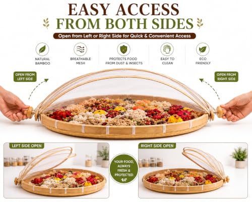 Image of Bamboo Storage & Serving Basket with Pop-Up Mesh Cover | Multipurpose Kitchen Organizer for Fruits, Vegetables & Bread | Dustproof Picnic Food Tray (1 Multipurpose Basket) premium Quality