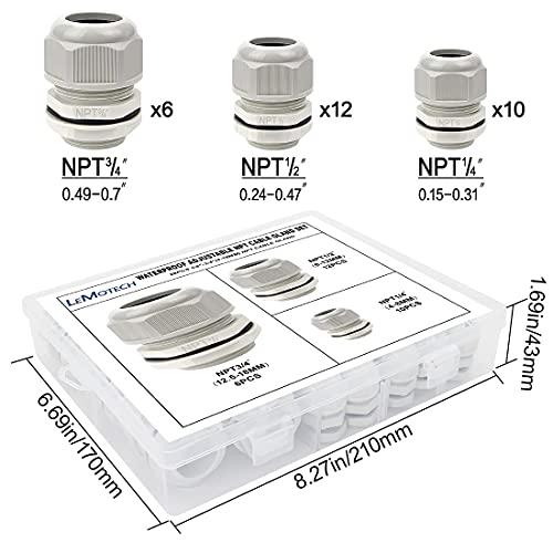 Glándulas de cable NPT surtidas LeMotech de nylon gris impermeables con caja 7