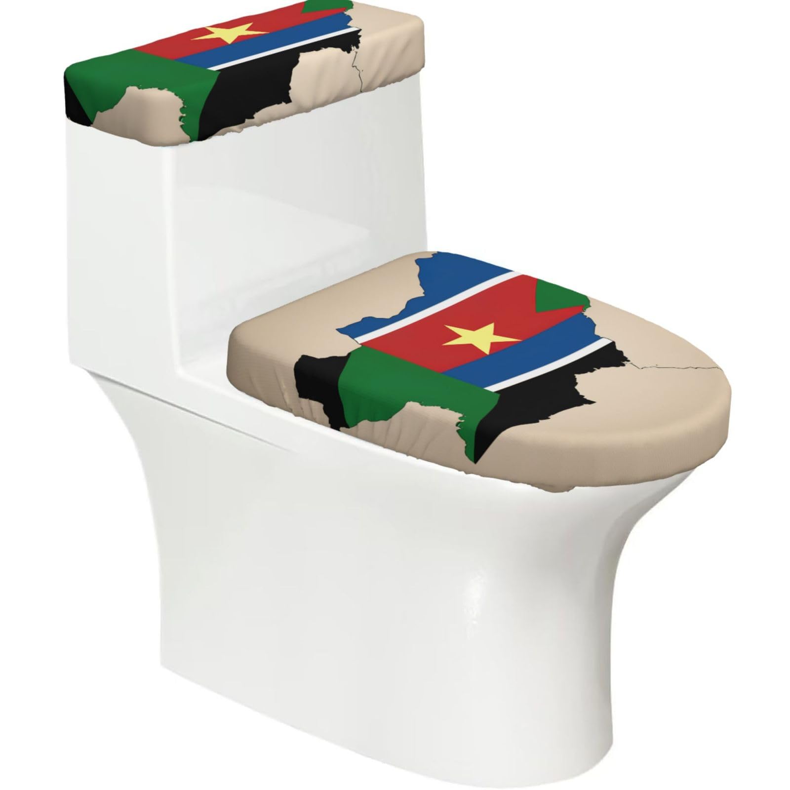 South Sudan Flag Map With Yellow Star Print Stretch Toilet Covers Set, Polyester Covers Replacement For Fits Most Size Lids Bathroom Decor