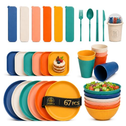 YEEBECA 67 Pièces Vaisselle Camping, Plastique Reutilisable Sans BPA pour 6 Personnes, Set Pique...