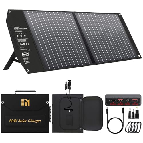 Mesuvida 60 W solpanel vikbar med 5 portar, 18 V MC4 högre effekt/18 V DC/QC 3,0 USB-A och USB-C (PD 45 W) solladdare, USB-solpanel med stativ, bärbara solpaneler för camping