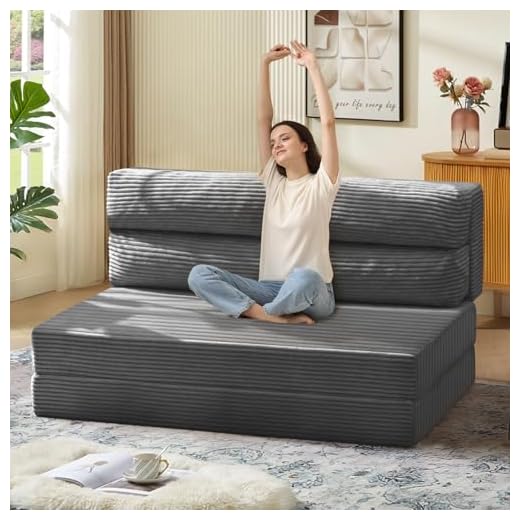 JUIKURY Folding Sofa Bed, Convertible Sleeper Chair with Pilow Foldable Matress, 2 in 1 Pull Out Loveseat Sofa Portable Fold Out Chair Bed Comfy Floor Couch Lounge for Living Room Bedroom,Grey,Full