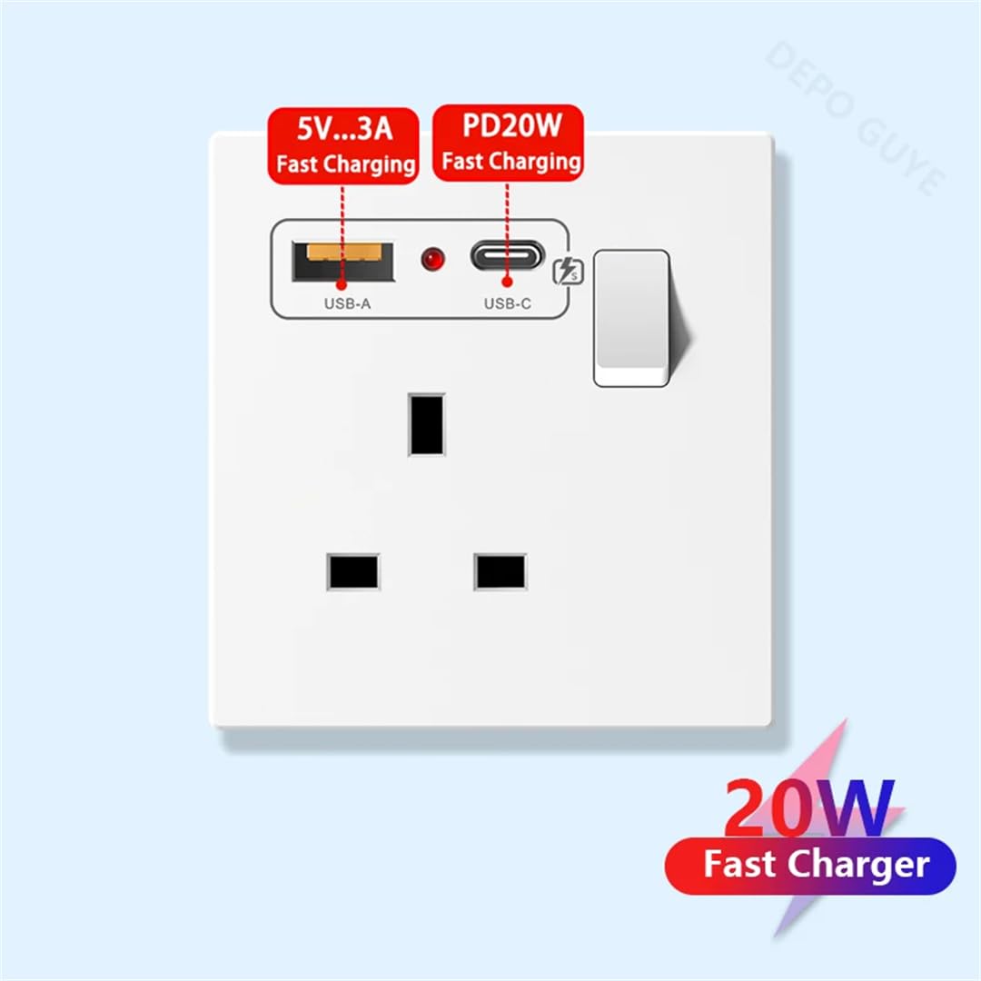 Prise Murale De Charge Rapide De Type C 20 W, Double Interrupteur, Prise De Courant Blanche, Interface USB Standard Britannique