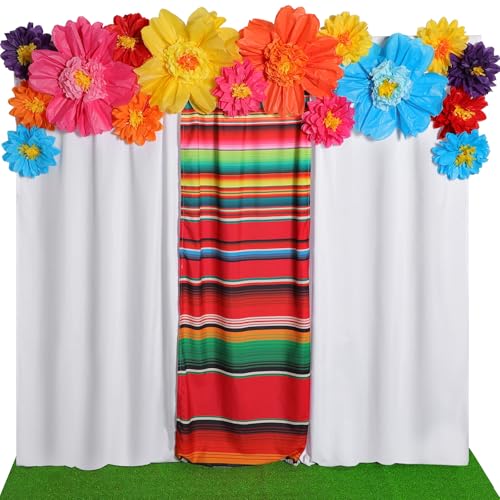 Tingjoo 19 Pcs Mexican Fiesta Decorations Set Mexican Paper Flowers Polyester Backdrop Curtains Backdrop Fiesta Party Decorations Supplies Set for Cinco De Mayo Party Wedding Birthday (White Flower)