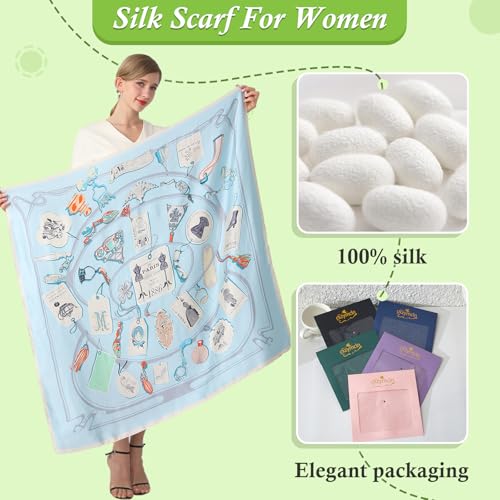 100% Mulberry Silk Scarf 43 Inches Large Square Wrap for Hair Night Sleeping Scarf With Gift Packed (Print label drawing)2
