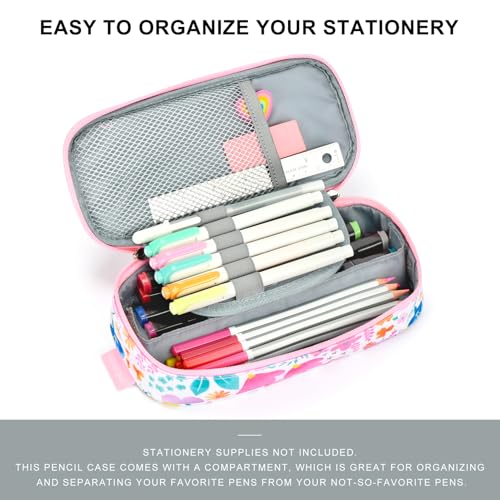Image of mibasies Girls Pencil Case for Kids, Multi-Slot Pencil Pouch, Flower Pink White
