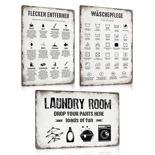 3ER WASCHKÜCHE SCHILD SET 20x30cm - Retro Blechschild Waschküche Dekoration - Vintage Metallschild Poster Bild Wanddeko Geschenk für Wasch Laundry Wäscherei Waschraum Waschmaschine