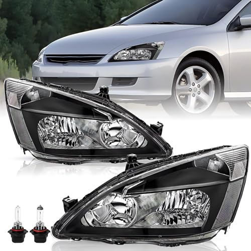 TUSDAR Headlight Assembly Set Replacement w/Bulbs for 2003-2007 Honda Accord [Factory Halogen Type] Headlamp Black Housing with Clear Reflector (L+R)