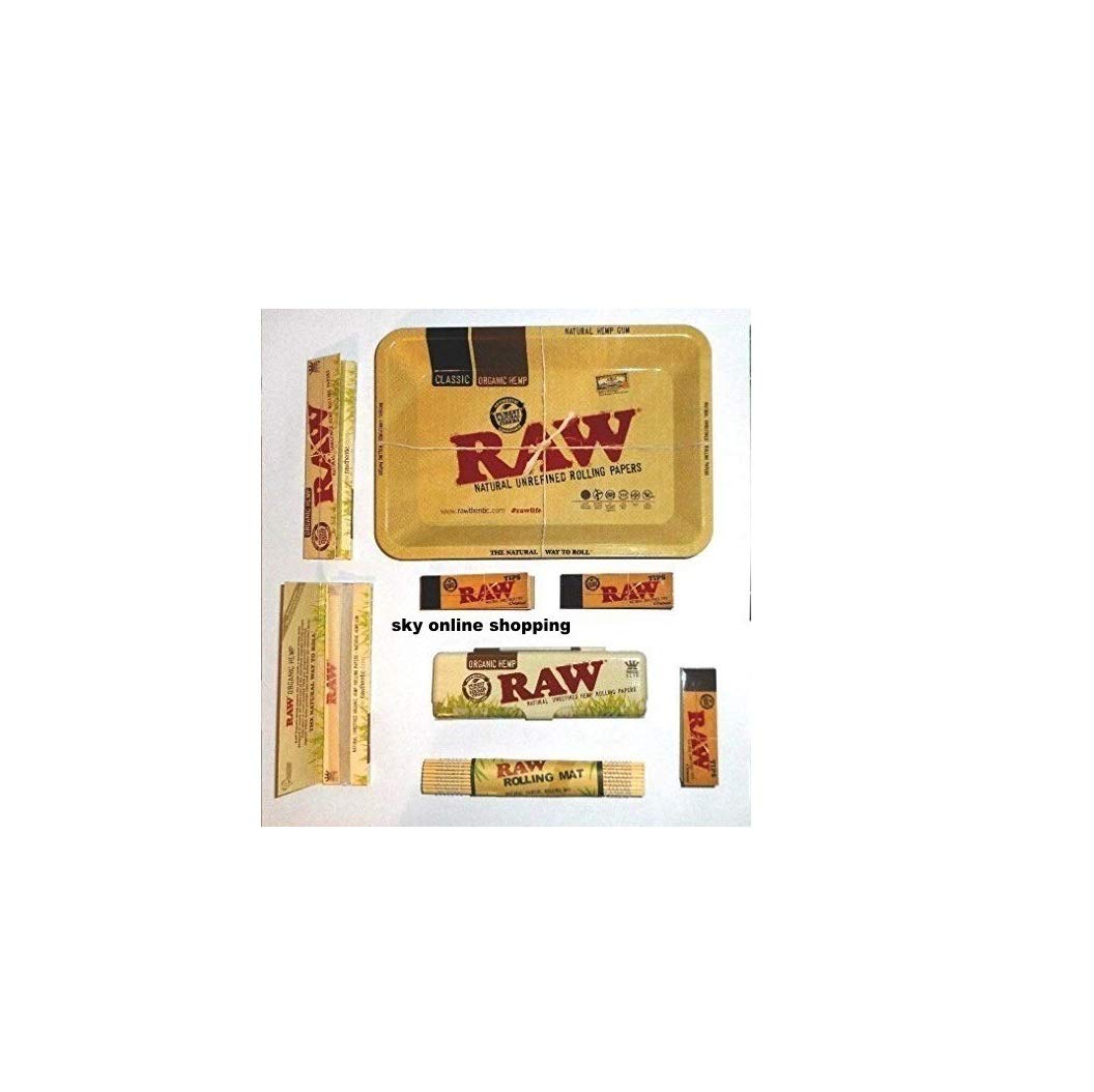 RAW Mini Tray, Organic Tin, Rolling Papers, Tips, Bamboo Mat Smoking Set Deal