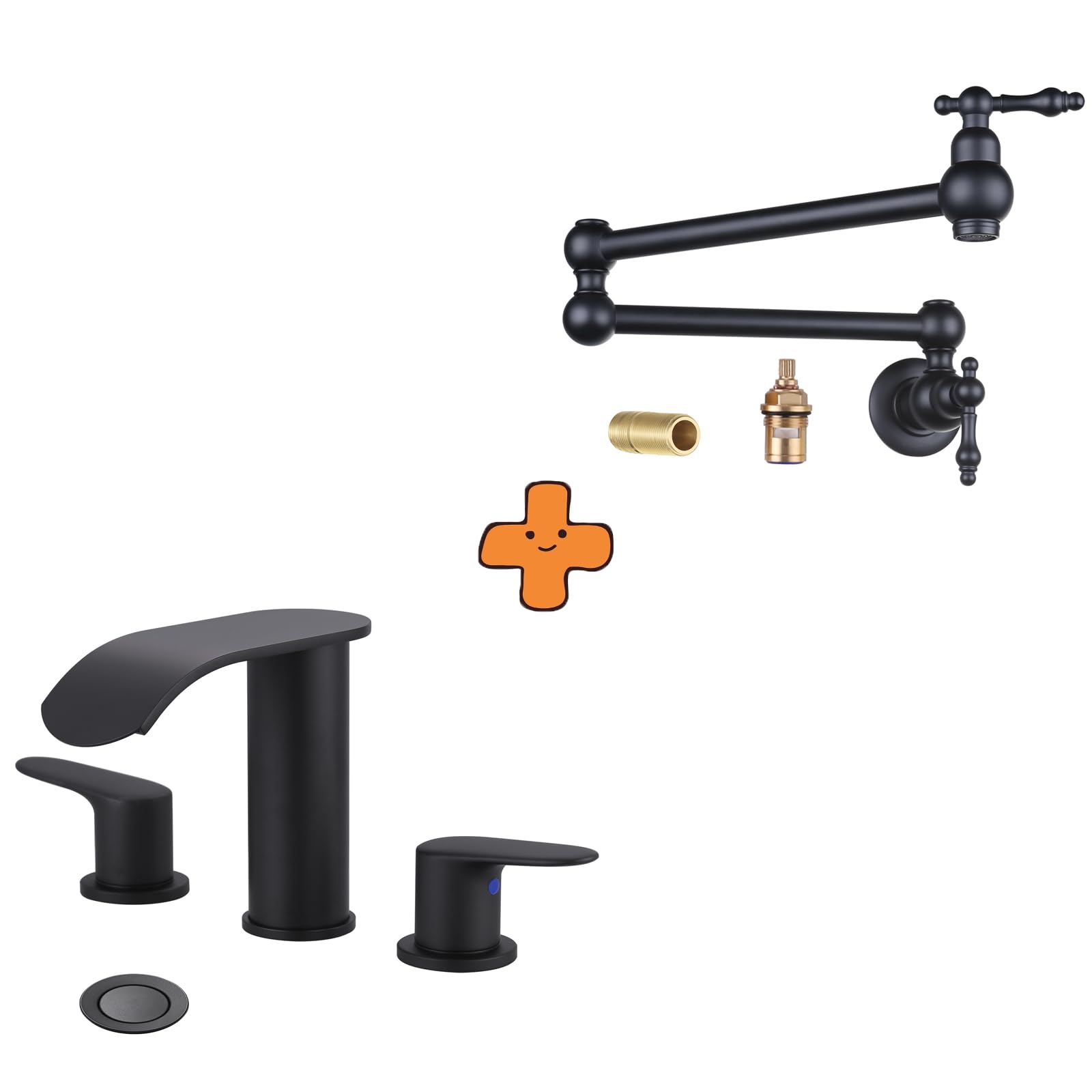 Jnfidosr Black Waterfall Bathroom Faucet 3 Holes 8Inch Widespread Bathroom Sink Faucet And Pot Filler Wall Mount Copper Faucet Matte Pot Filler Faucet Rotatable Faucet