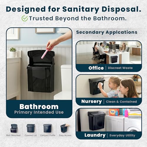 Image of Alpine Sanitary Napkin Receptacle - Feminine Hygiene Disposal Container, Wall Mounted Trash Can with Odor Control Seal & Installation Hardware (Black)