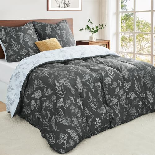 Duvetnova Bettwäsche 155x220 Blumen Grau Pflanzen Wende Weich und Angenehm...