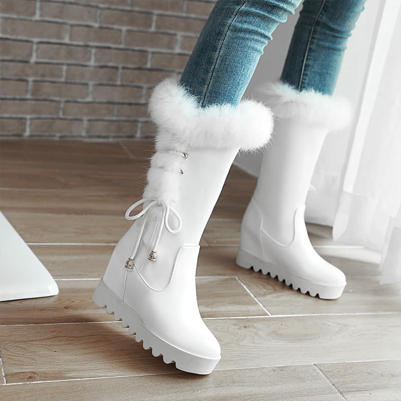 Women's Mid-Calf Winter Platform Hidden Wedge Boots Slip-on Thick Rabbit Fur Collar Warm Waterproof Stretch Leather Non-slip Snow Boot - Image 4