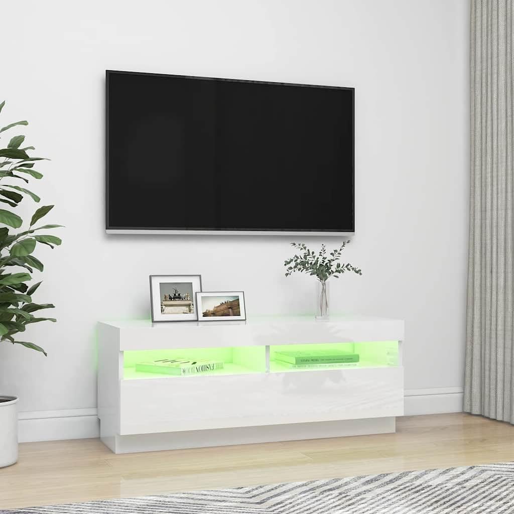 Szafka pod telewizor o wysokim połysku, biała, 100 x 35 x 40 cm, z oświetleniem LED RGB, nowoczesne centrum rozrywki do salonu, stabilna podstawka pod telewizor, konsola multimedialna