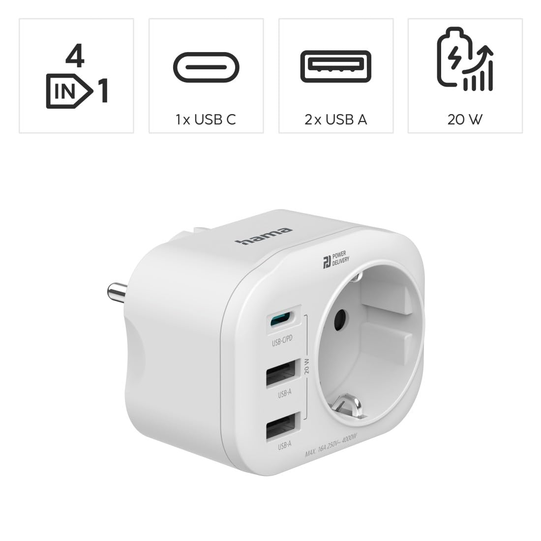 Hama adapter do gniazdka z ładowarką USB (gniazdo elektryczne do kontaktu, PD, Power Delovery, USB A, USB C, 20 W) biała