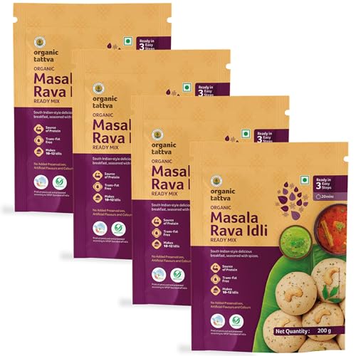 Image of Organic Tattva Masala Rava Idli Instant Mix 200g, Ready in 4 Steps, 4 Pack | Source of Protein, No Artificial Preservatives, No Cholesterol & Trans Fat, Ideal for Quick Breakfast Meals & Snacks